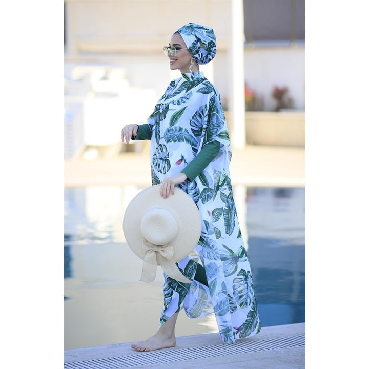 Buy c-4-piece-set 4 Pcs Ladies Muslim Swimwear Digital Printed Hijab Long Sleeves Sport Swimsuit Burkinis