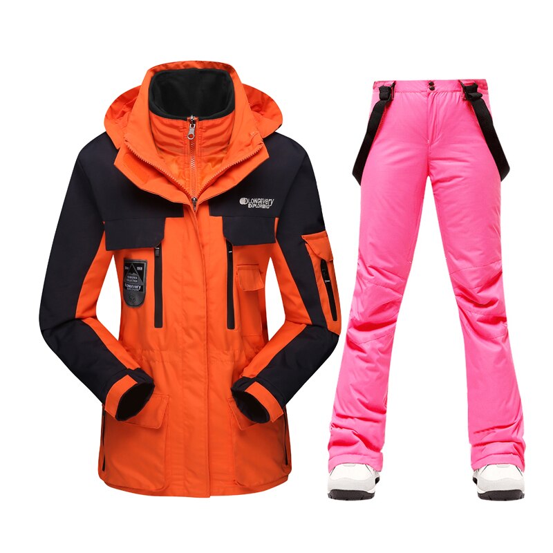 Warm Windproof Waterproof Ski Jacket Ski Pants set for women Outdoor Snow Sports Coat Trousers Snowboard Wear orange jacket 