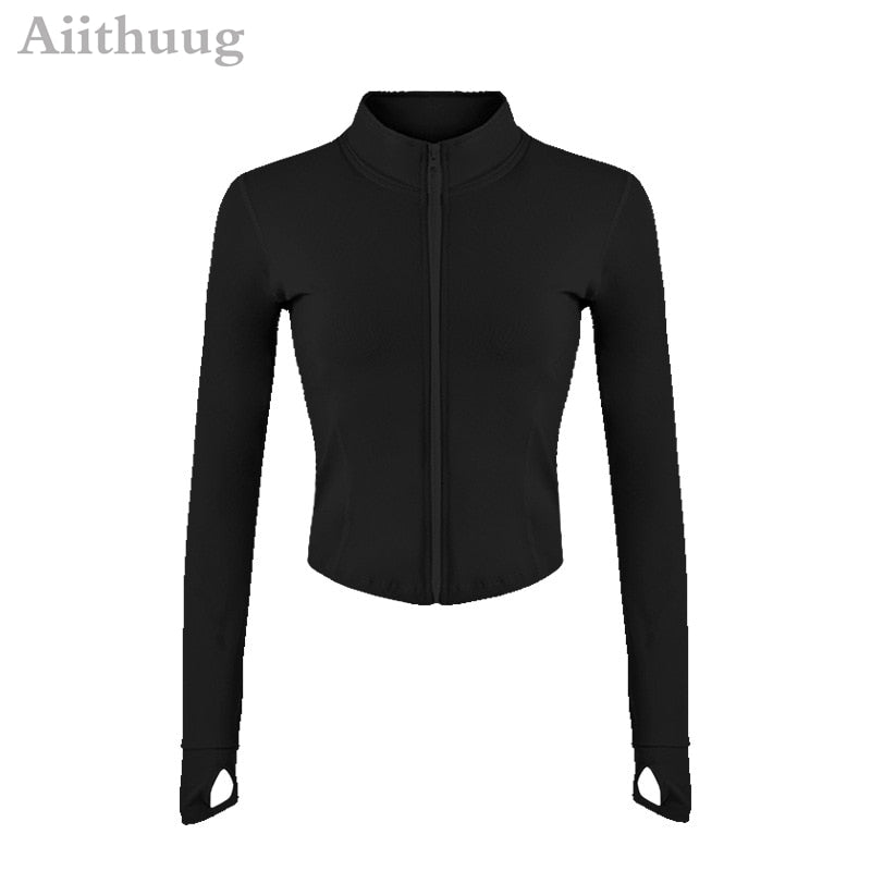 Buy long-sleeve-black Aiithuug Full Zip-up Yoga Top Workout Running Jackets with Thumb Holes for women