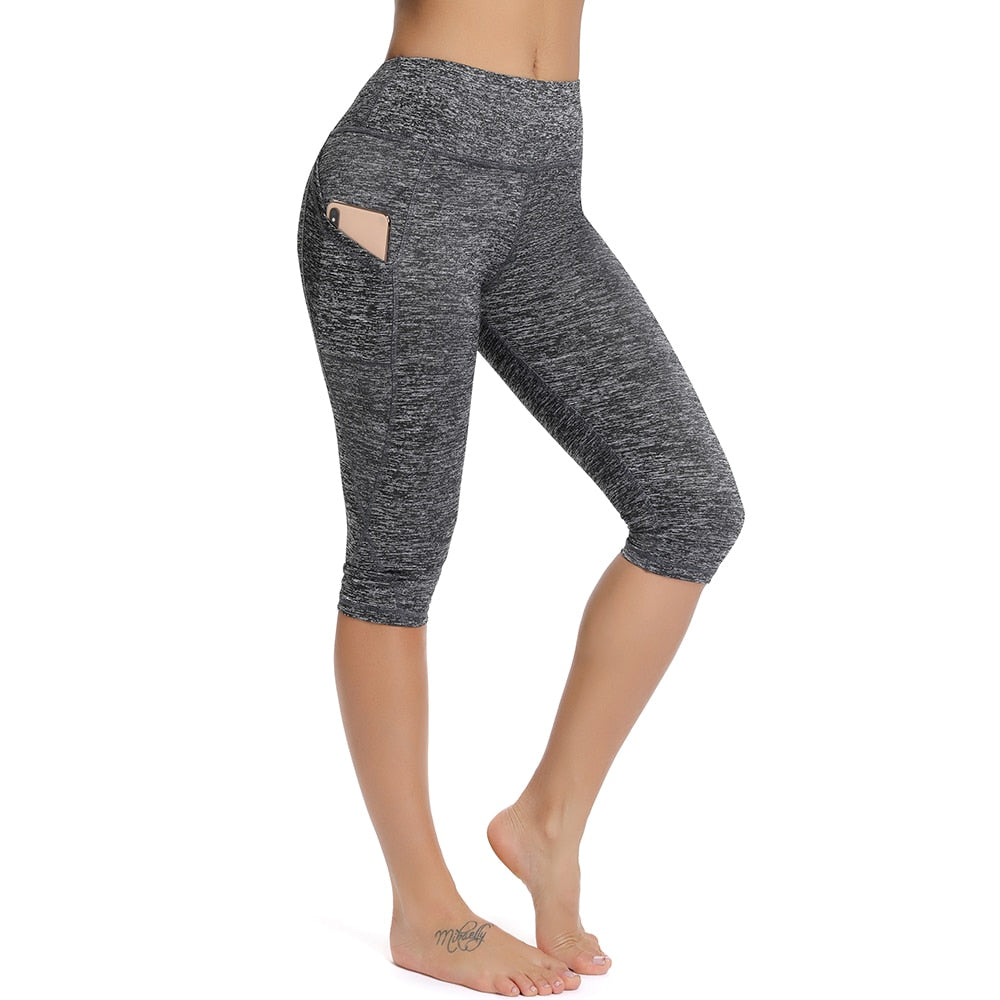 Buy capri-light-grey 3/4 Gym &amp; Sport Cropped Tights or Shorts with side pockets