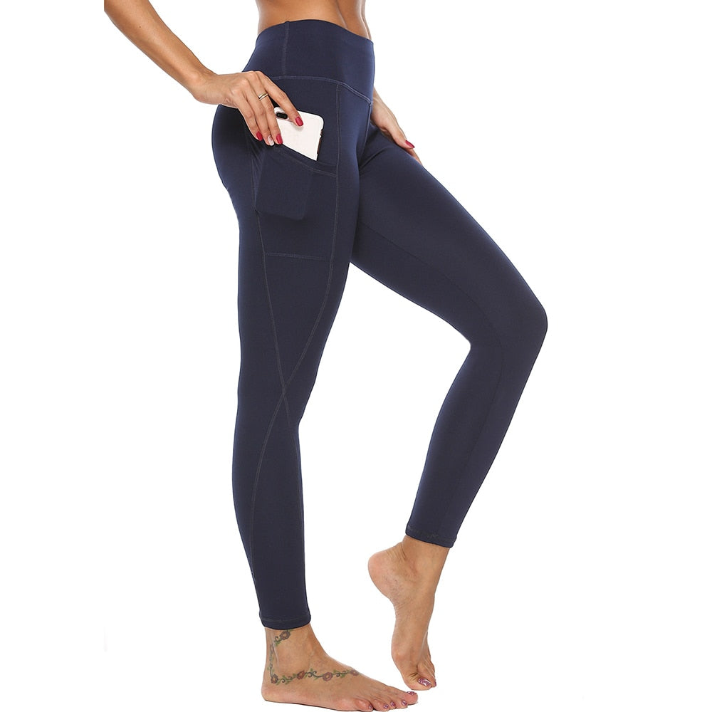 Buy full-length-darkblue 3/4 Gym &amp; Sport Cropped Tights or Shorts with side pockets