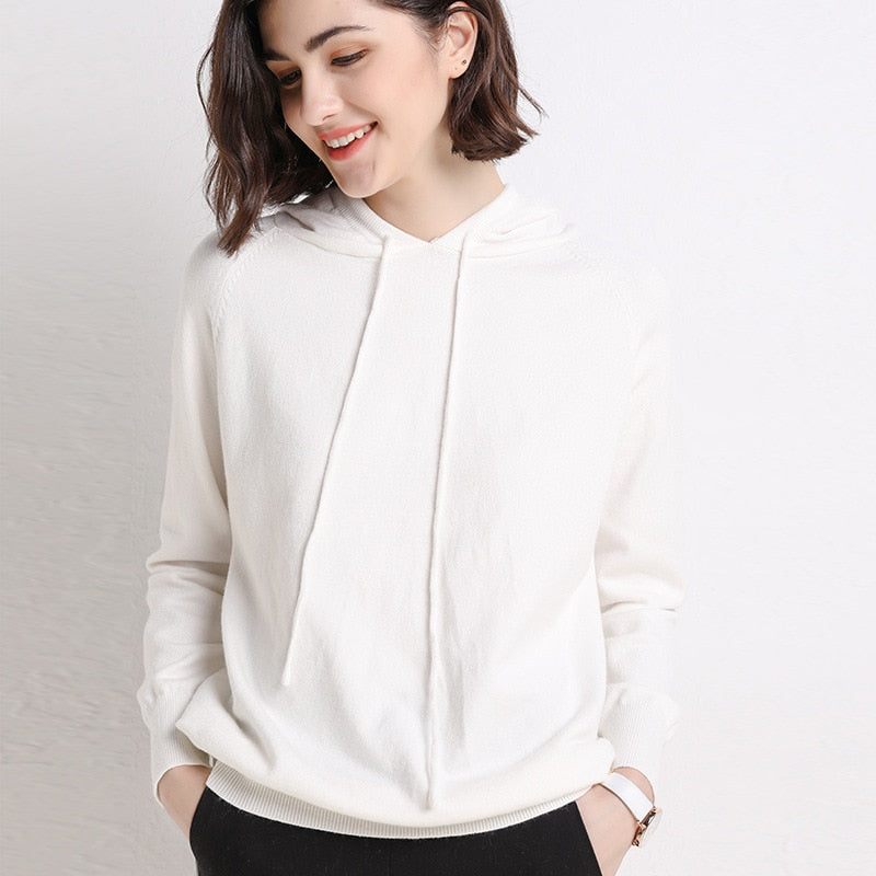 Buy white Woollen Long-Sleeve Pullover Loose-Fit Hoodie  for Women
