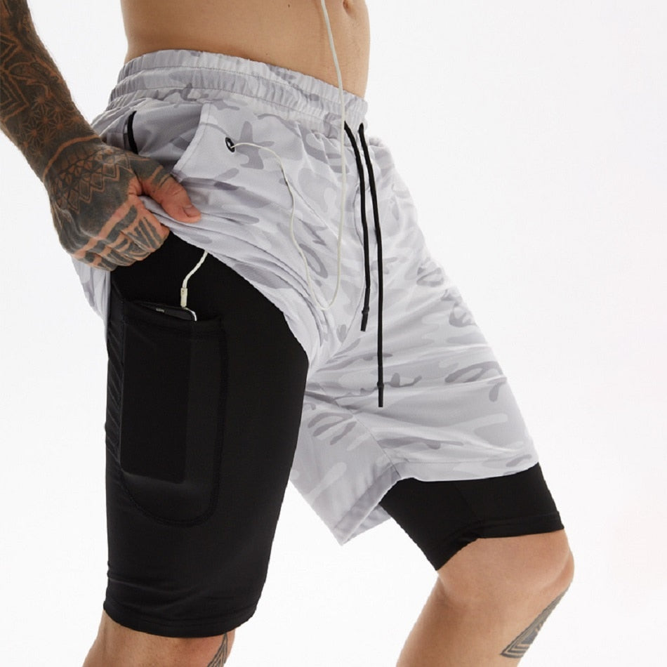 Buy white-camo 2 in 1 Training Shorts for Men double layer gym shorts