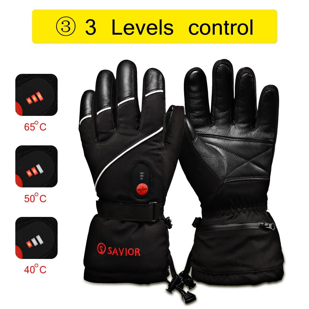Savior Winter Heated Gloves For Women Electric Heating Ski Gloves Men's Gloves For Sports Rechargeable Leather Thermal Mittens