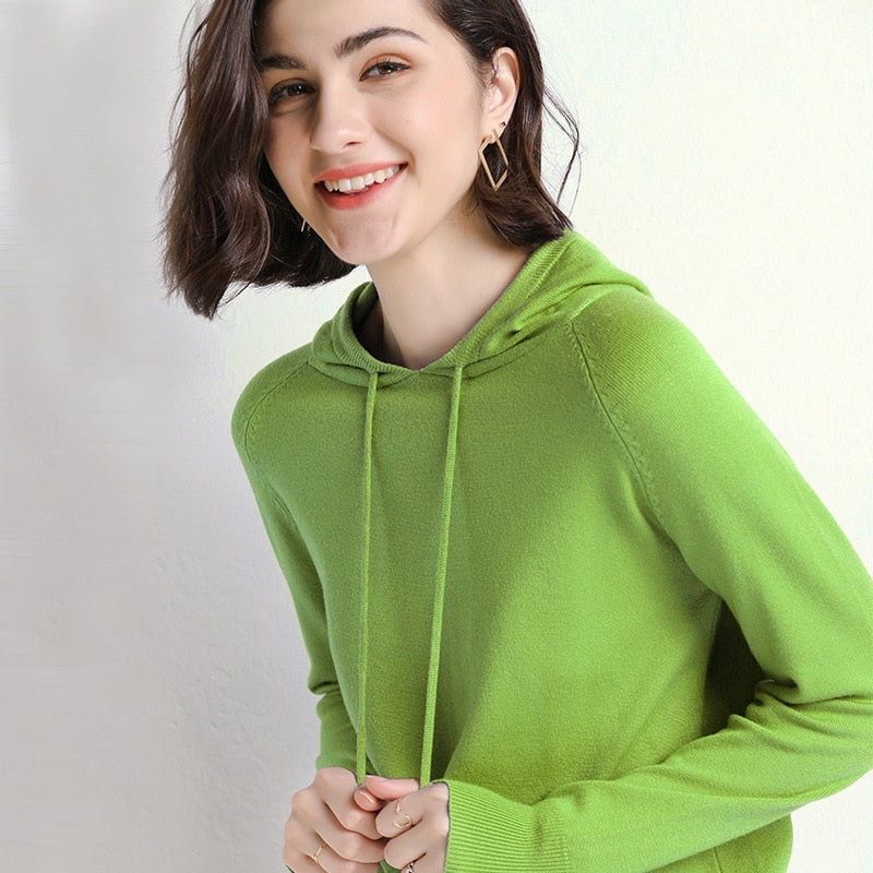 Buy fruit-green Woollen Long-Sleeve Pullover Loose-Fit Hoodie  for Women