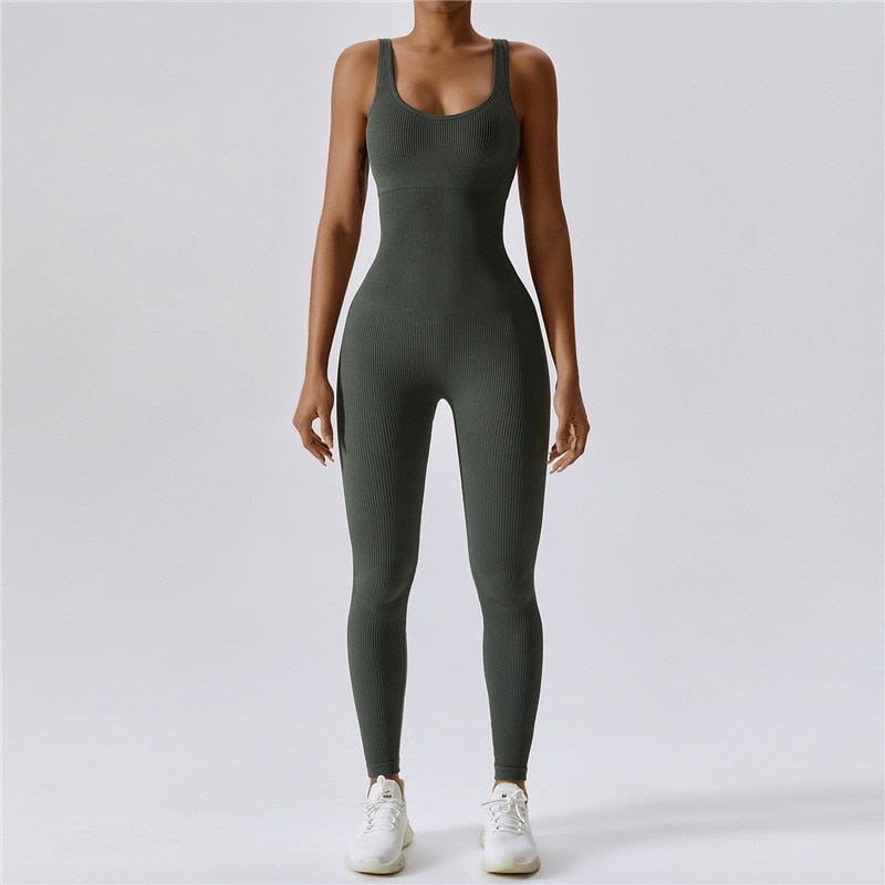 Buy olive-green Solid Rib Bodysuit Tight Athletic Fitness &amp; Yoga Backless Jumpsuit