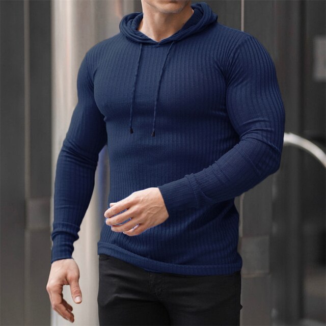 Buy navy-blue knitted long sleeve pullover hoodie for Men
