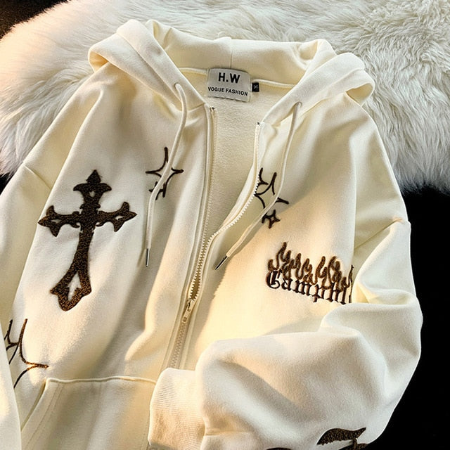 Buy apricot Retro Harajuku Gothic Embroidery Hoodie for  Women