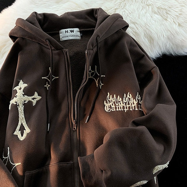 Buy brown Retro Harajuku Gothic Embroidery Hoodie for  Women