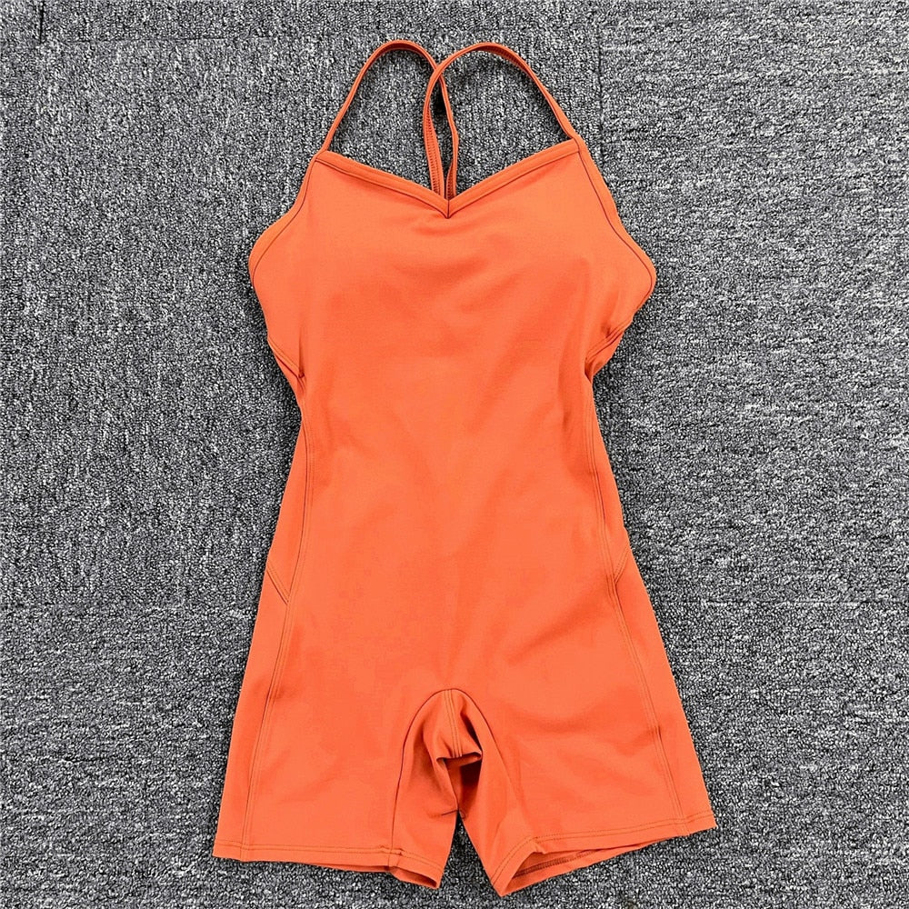 Buy orange-short Athleisure  One Piece Backless Fitness Bodysuit / Jumpsuit