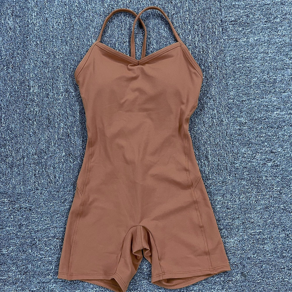 Buy brown-short Athleisure  One Piece Backless Fitness Bodysuit / Jumpsuit