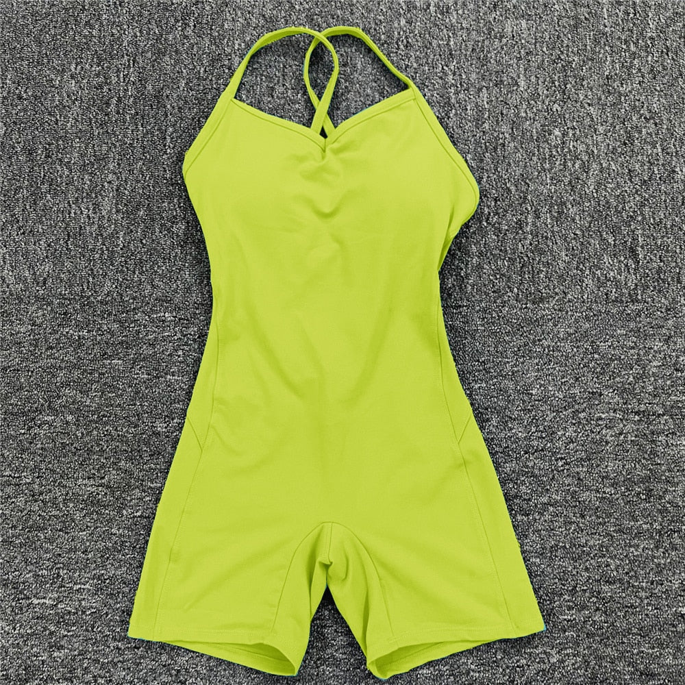 Buy yellow-short Athleisure  One Piece Backless Fitness Bodysuit / Jumpsuit