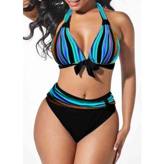 S-5XL Neon Striped Bikini Set Push Up High Waist Halter Beach Swimwear blue stripped 