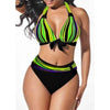 S-5XL Neon Striped Bikini Set Push Up High Waist Halter Beach Swimwear green and black