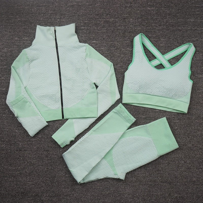 Compra 3pcssetgreen 2/3PCS Seamless Yoga Set for women  Long Sleeve Crop Top High Waist