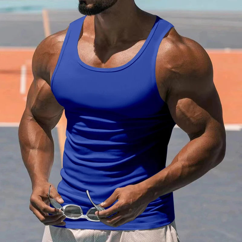 Solid Colour Tight Muscle Tank Top for Men dark blue 