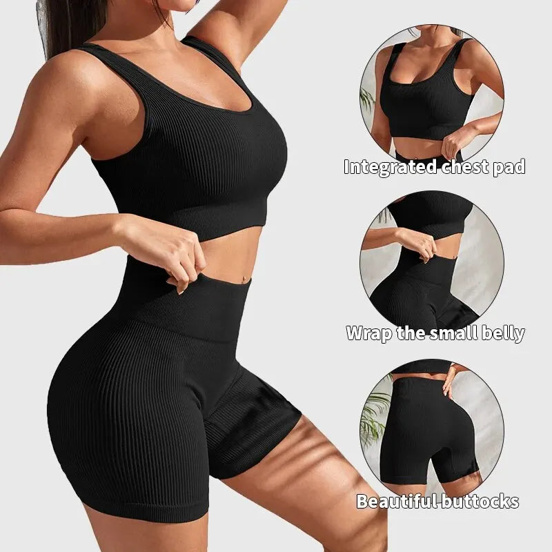 2 Pieces Seamless Ribbed Yoga Sets for Women Crop Tank High Waist Shorts