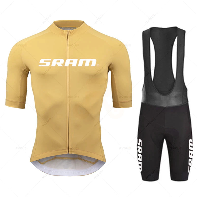 Sram Pro Cycling Jersey Sets for Men Bib Shorts Bicycle Short Sleeve yellow jersey