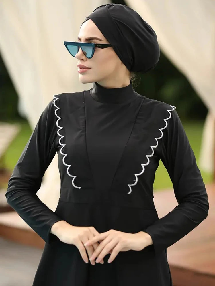 3PCS Muslim Islamic Long Sleeve Swimming Suit Modest Swimwear Women Swimsuit Full Cover Burkini Lotus Leaf Curled Edge Design - 0