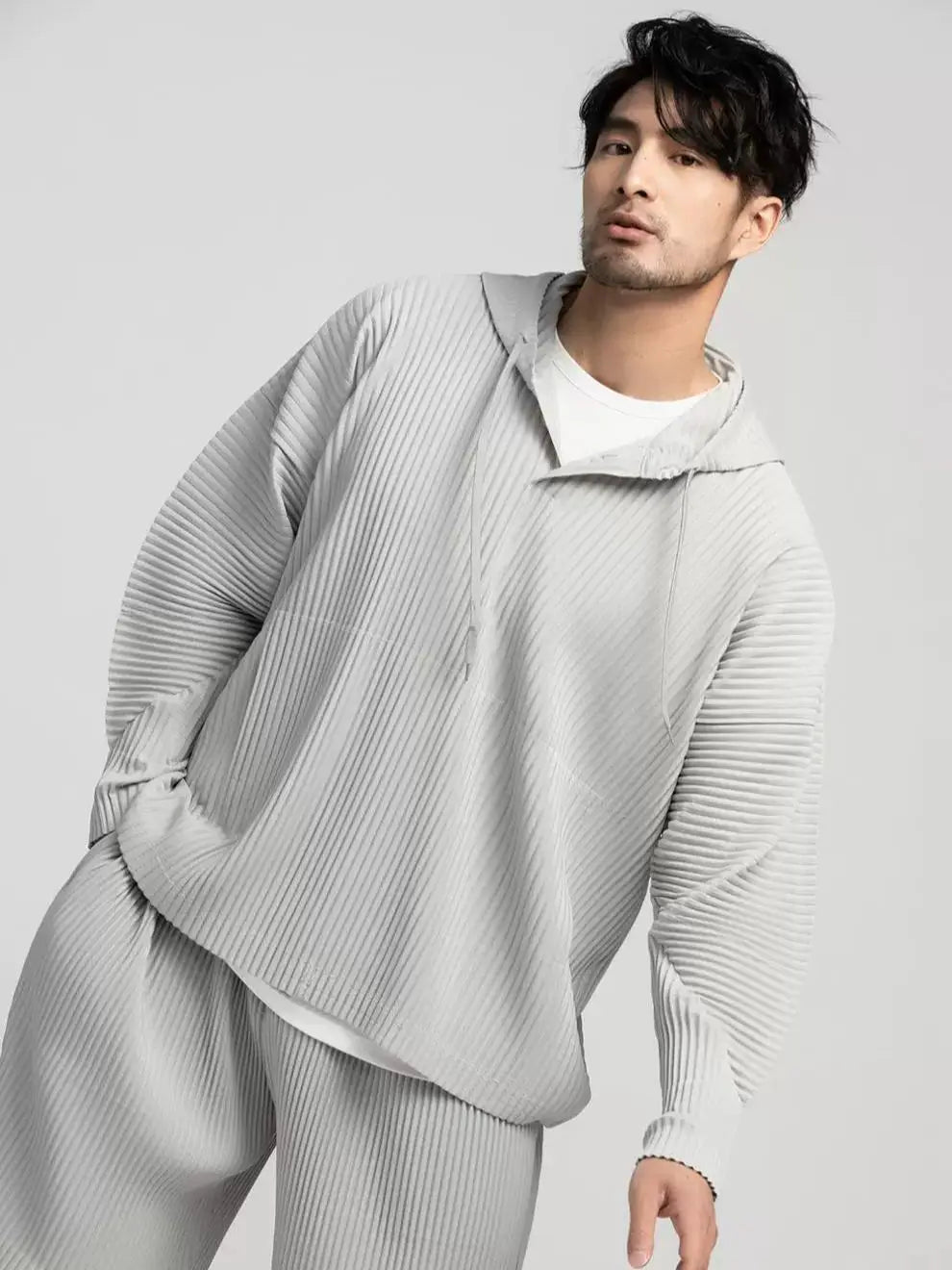 Miyake Pleated Hoodies For Men light grey hoodie 