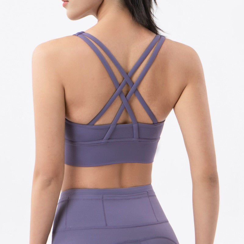 Buy wx22-purple-crystal Cross Back Nylon Yoga Top  Sports Bra Quick Dry Fitness Bra