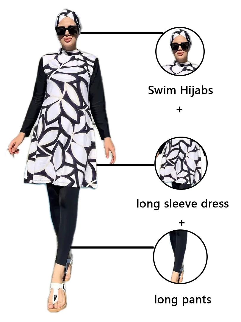 3 Pcs/Set Muslim Swimwear Women's Printed Stretch Full Cover Islamic Clothing Hijab Long Sleeve Sports Swimwear Burkini Swimwear