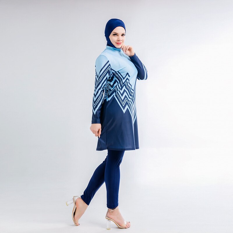 3PCS Muslim swimwear long sleeve burkini blue 