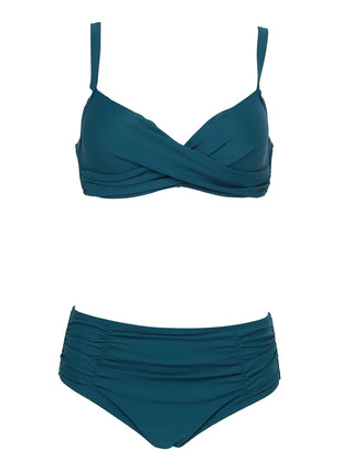Buy dark-green-18666 Two Piece Plus Size Solid High Waist  Push Up Bikinis
