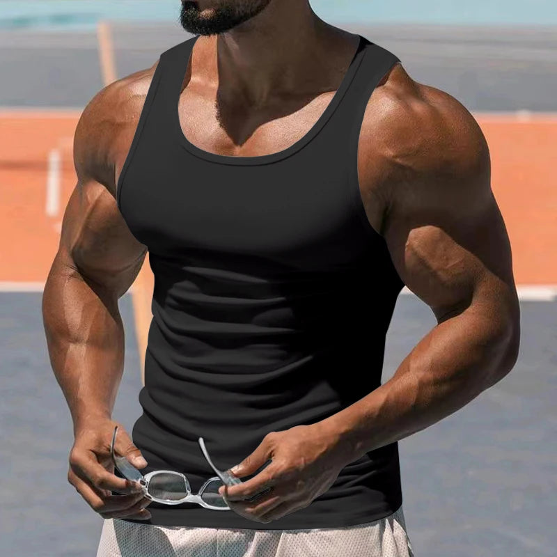 Solid Colour Tight Muscle Tank Top for Men black