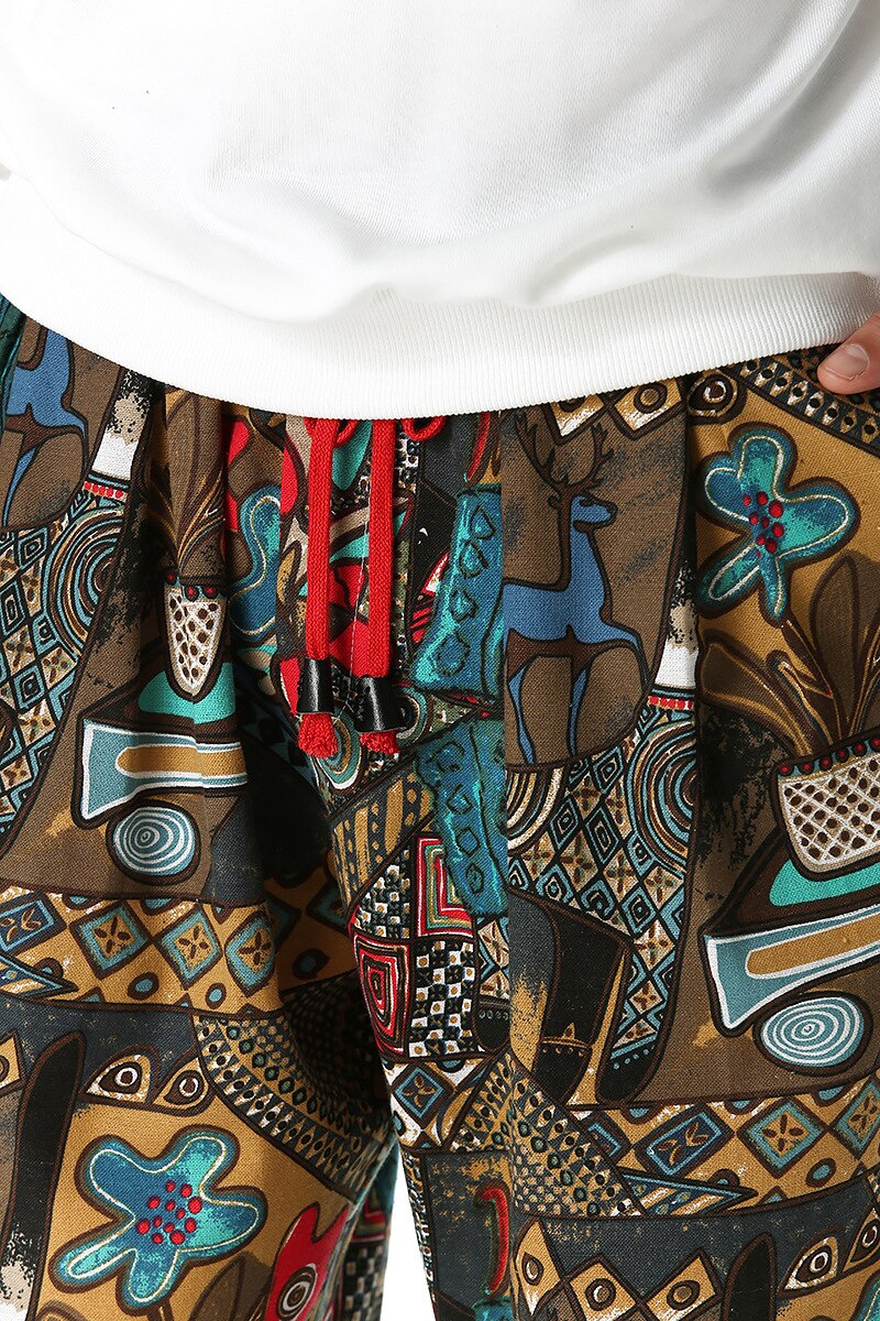Traditional Nation Print Cotton Linen Joggers for Men yoga Harem Trousers for Men