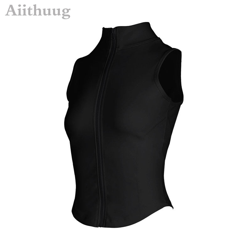 Aiithuug Full Zip-up Yoga Top Workout Running Jackets with Thumb Holes for women sleevless