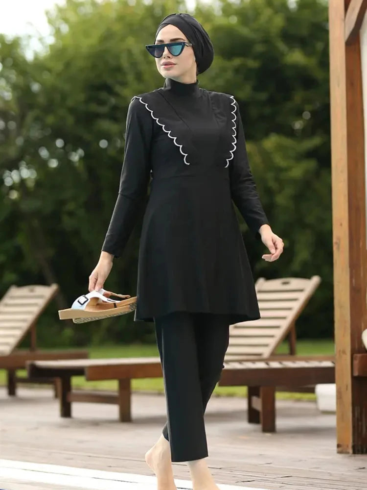 3PCS Muslim Islamic Long Sleeve Swimming Suit Modest Swimwear Women Swimsuit Full Cover Burkini Lotus Leaf Curled Edge Design