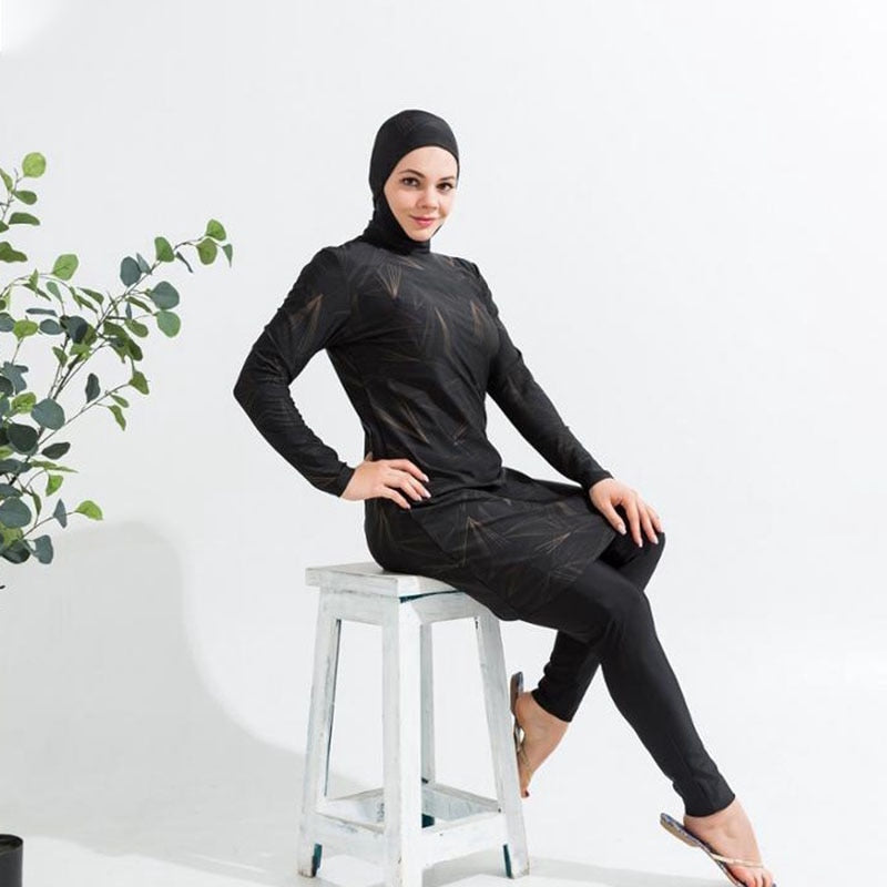 3PCS Muslim swimwear long sleeve burkini  black lonf sleeve 
