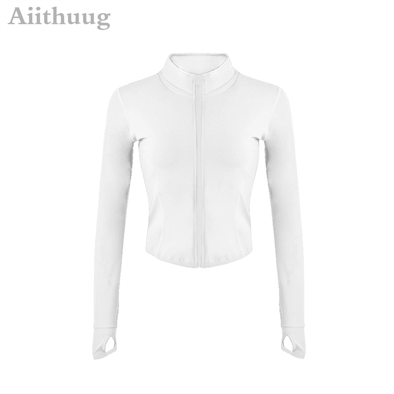 Acheter long-sleeve-white Aiithuug Full Zip-up Yoga Top Workout Running Jackets with Thumb Holes for women