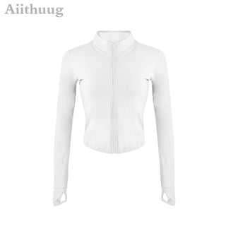 Compra long-sleeve-white Aiithuug Full Zip-up Yoga Top Workout Running Jackets with Thumb Holes for women