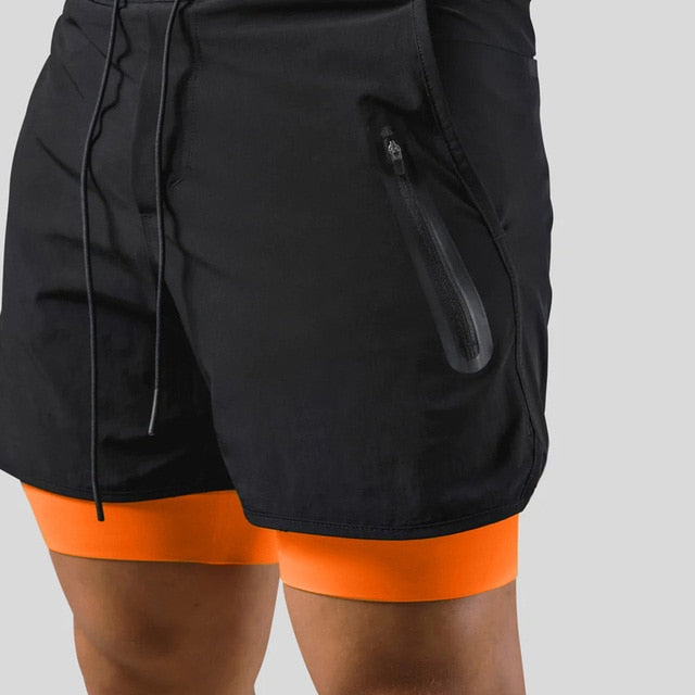 2 In1 Double Layer Quick Dry Fitness & Gym Shorts for Men black and orang