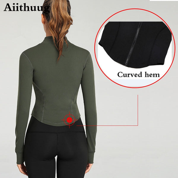Aiithuug Full Zip-up Yoga Top Workout Running Jackets with Thumb Holes for women curved hem yoga top
