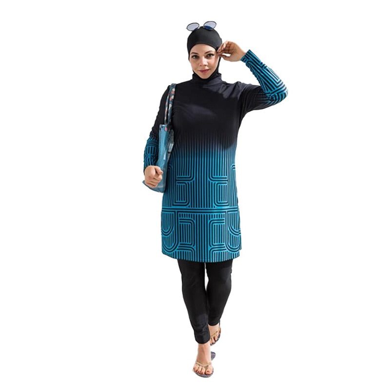 3PCS Muslim swimwear long sleeve burkini  dark blue 