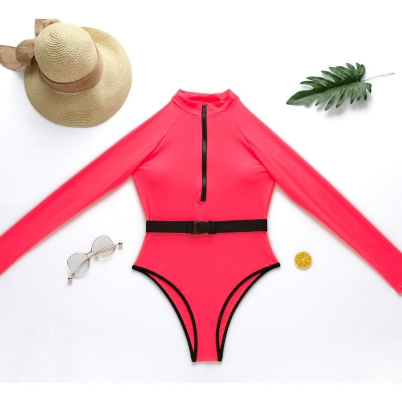Summer One Piece Swimsuit front Close Long Sleeve Swimwear and Sports for Women