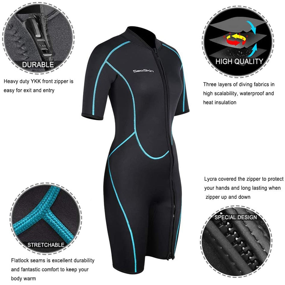 Women&#39;s 3mm Neoprene Shorty Wetsuit Short Sleeve Front Zip Diving Suit Snorkeling Surfing Swimming Swimwear One Piece Swimsuit-6