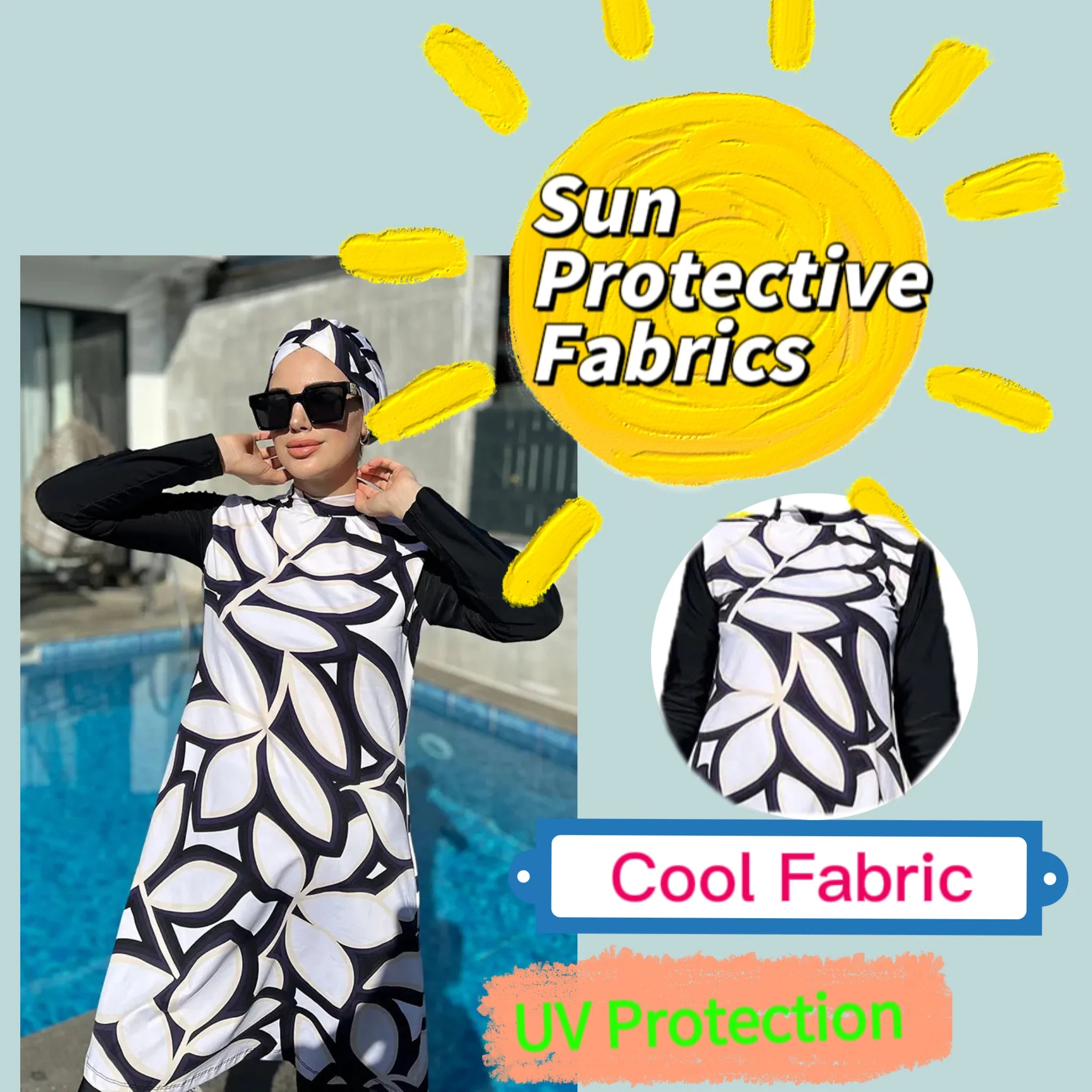 3 Pcs/Set Muslim Swimwear Women's Printed Stretch Full Cover Islamic Clothing Hijab Long Sleeve Sports Swimwear Burkini Swimwear - 0