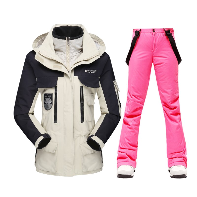 Warm Windproof Waterproof Ski Jacket Ski Pants set for women Outdoor Snow Sports Coat Trousers Snowboard Wear pink pants 