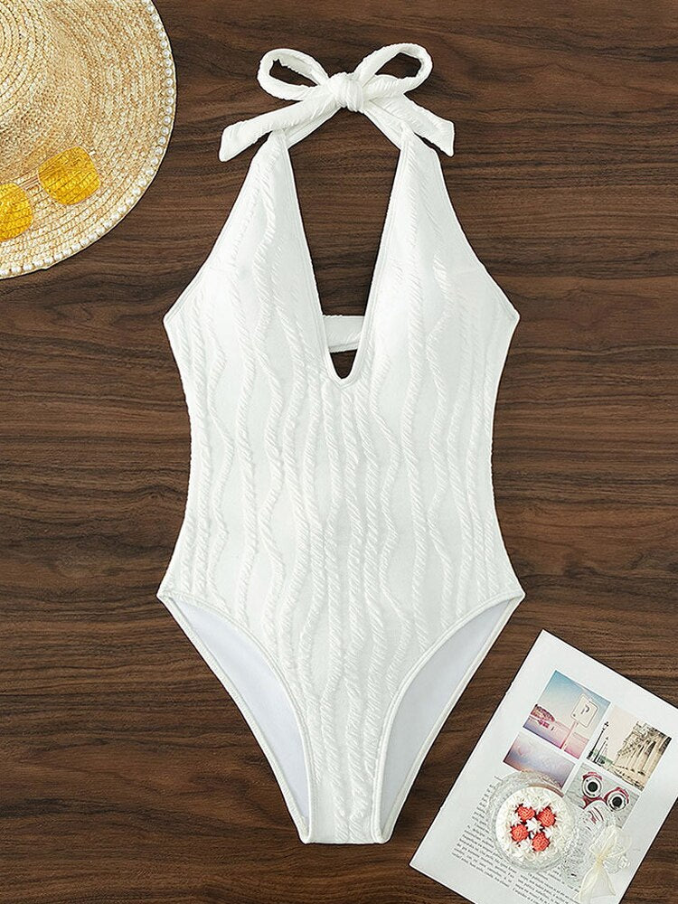 Vigoashely  Solid V Neck Backless Hollow Halter One Piece Swimsuit