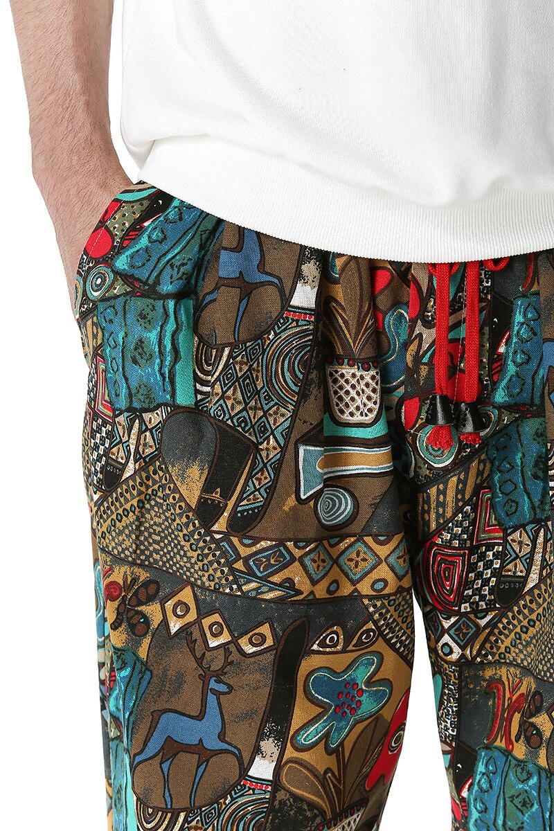 Traditional Nation Print Cotton Linen Joggers for Men yoga Harem Trousers for Men