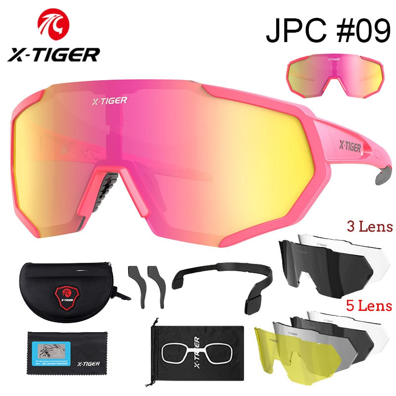 X-TIGER Polarized Lens Cycling Glasses 3 or 5 lens Photochromic Sunglasses Bicycle Goggles pink