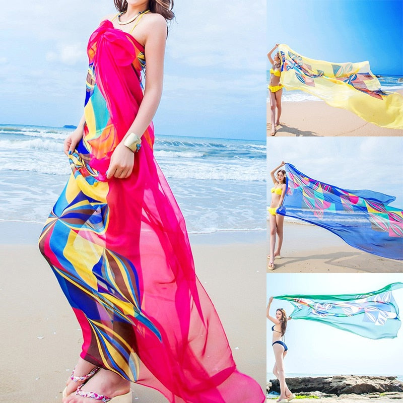 Pareo Scarf Women Beach Sarongs Beach Cover Up Summer Chiffon Scarves Geometrical Design Plus Size Towel Ladies Summer Beachwear