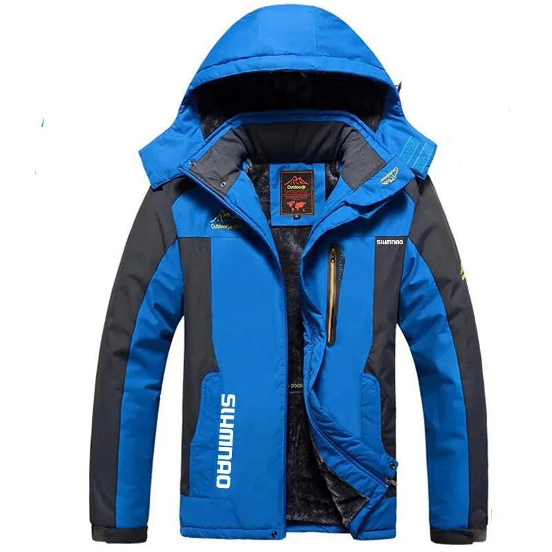 Cashmere Warm and Thickened Parker Outdoor Waterproof Hooded Jacket for Men blue