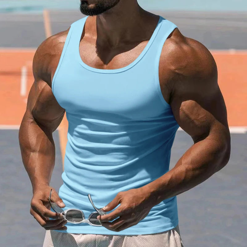 Solid Colour Tight Muscle Tank Top for Men blue 