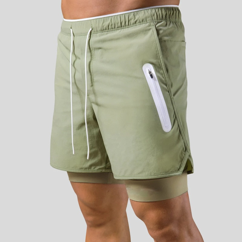 2 In1 Double Layer Quick Dry Fitness & Gym Shorts for Men green