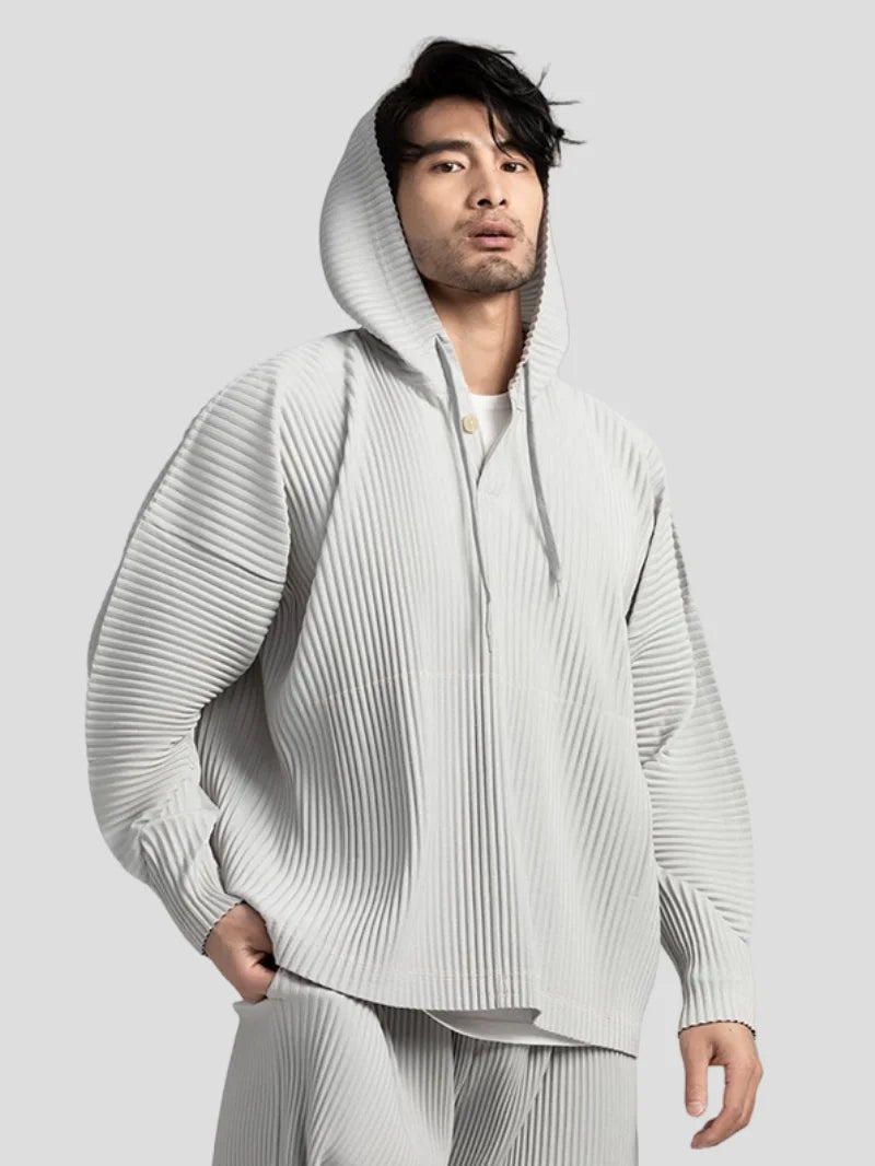 Miyake Pleated Hoodies For Men light grey front